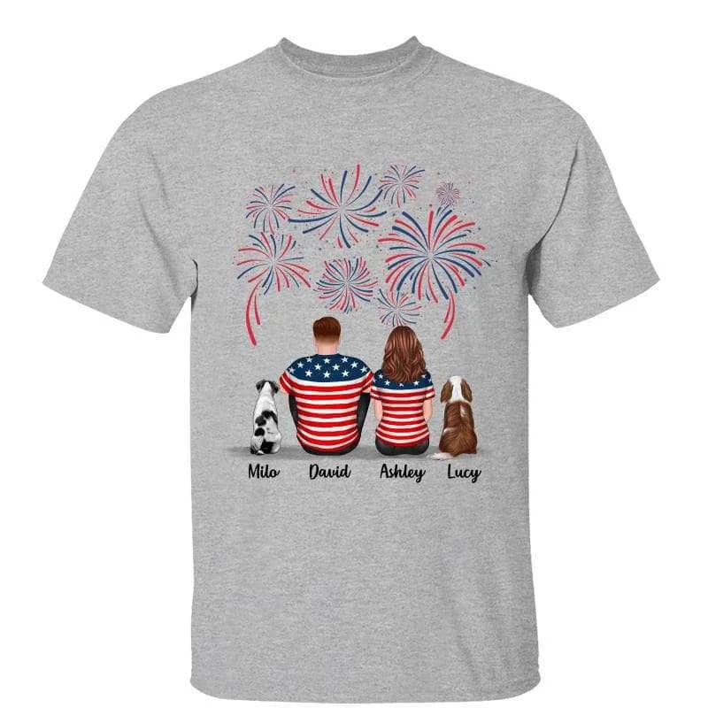 Women's Cold Shoulder T-Shirts-Fourth Of July Independence Day Couple & Dog Personalized Shirt