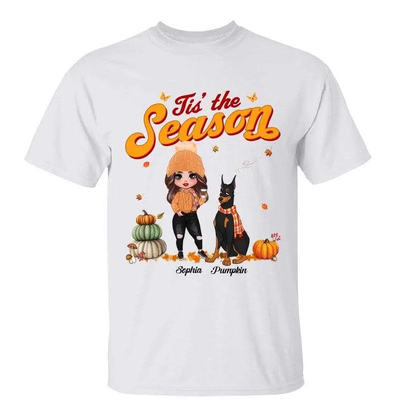 Women's Soft T-Shirts-Fall Season Tis‘ The Season Doll Girl & Cute Sitting Dog Personalized Shirt