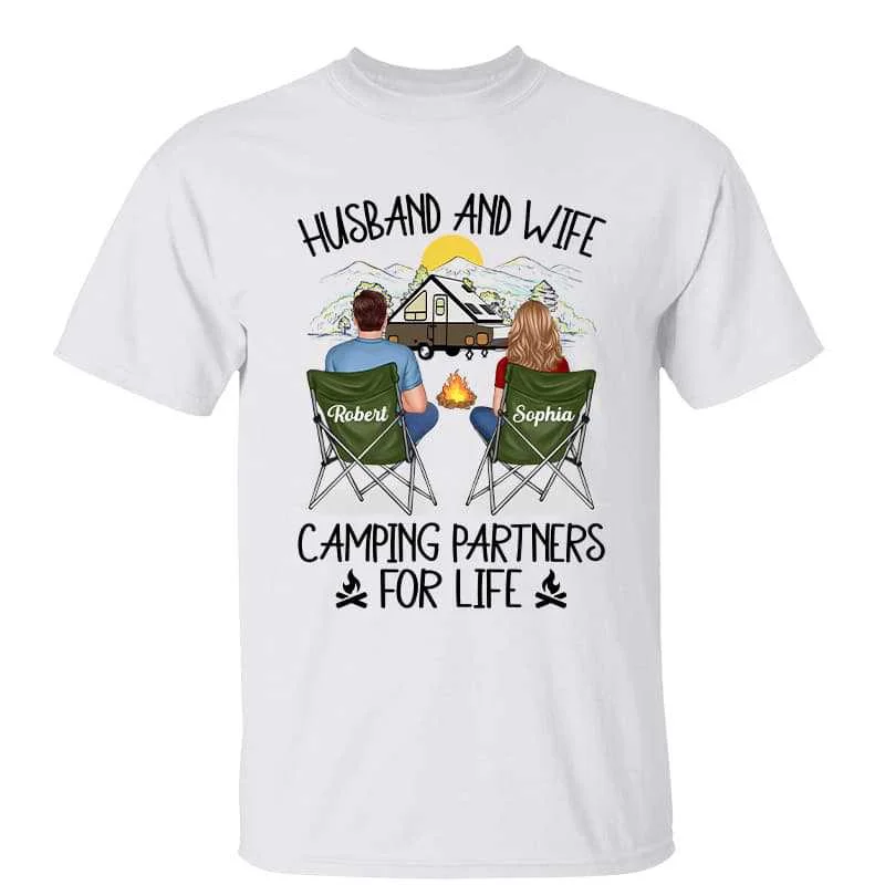 Women's Flutter Sleeve T-Shirts-Couple Back View Husband And Wife Camping Partners For Life Personalized Shirt