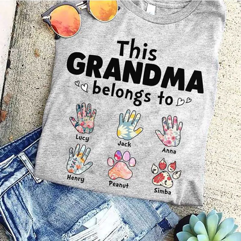 Women's Jewel Tone T-Shirts-This Mom Grandma Belongs To Floral Hand And Paw Personalized Shirt