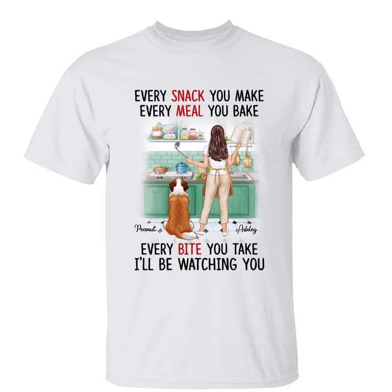 Women's Sweetheart Neck T-Shirts-Dogs Watching Dog Mom In Kitchen Funny Gift Personalized Shirt