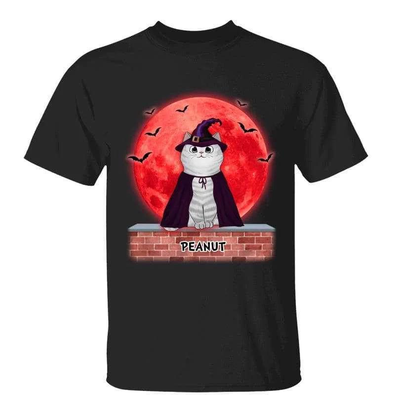 Women's Asymmetrical T-Shirts-Halloween Cats On Roof Red Moon Personalized Shirt