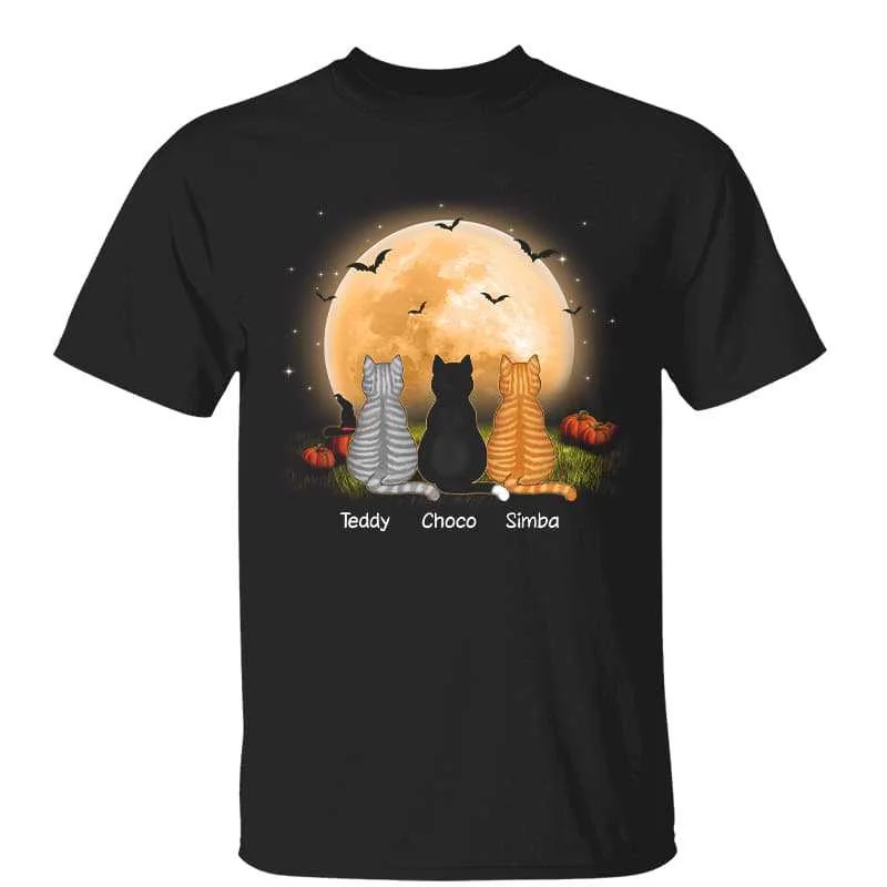 Women's Bell Sleeve T-Shirts-Cats Back View Moon Light Halloween Personalized Shirt