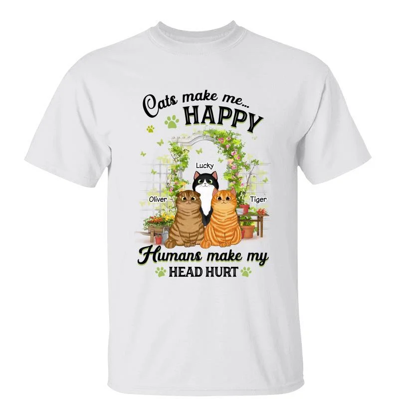 Women's Longline T-Shirts-Cats Make Me Happy Cat Mom Flower Gate Personalized Shirt