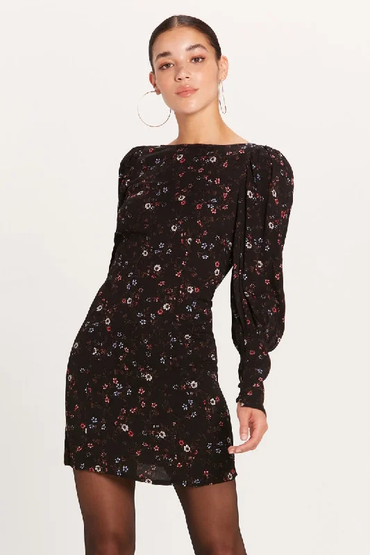 Olivaceous black floral puff sleeve open back dress