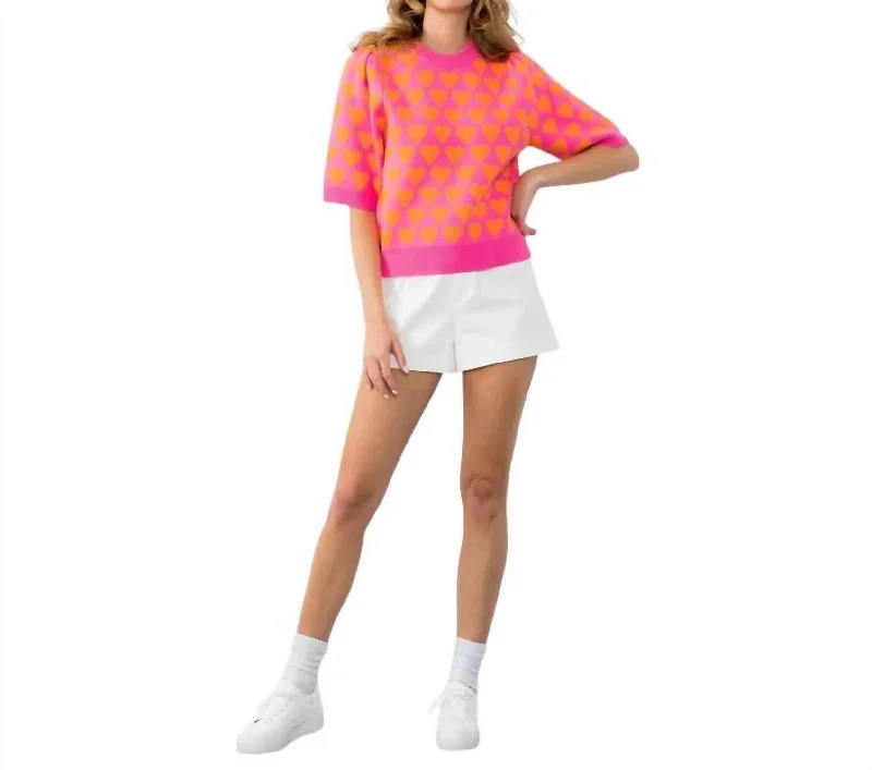 Women's High-Waisted Pleated Pullovers-Short Sleeve Heart Knit Top In Pink