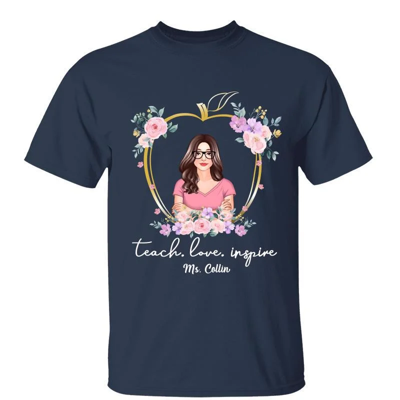 Women's Cotton T-Shirts-Teach Love Inspire Floral Apple Outline Teacher Personalized Shirt