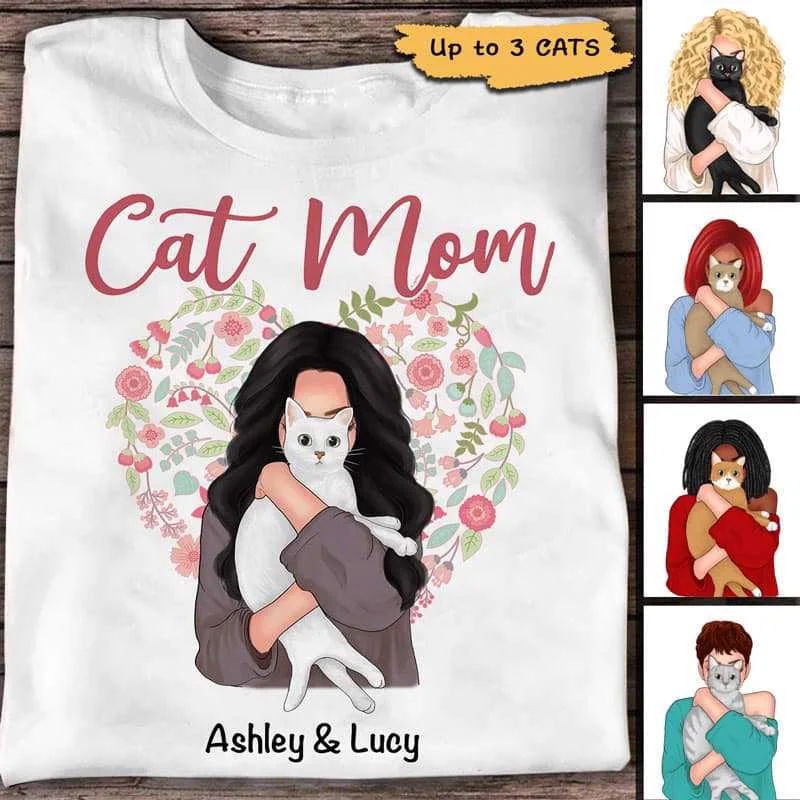 Women's Ruffle Neck T-Shirts-Cat Mom Floral Girl Hugging Cat Personalized Shirt