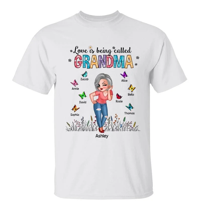 Women's Pocket T-Shirts-Love Is Being Called Grandma Butterflies Floral Sassy Personalized Shirt