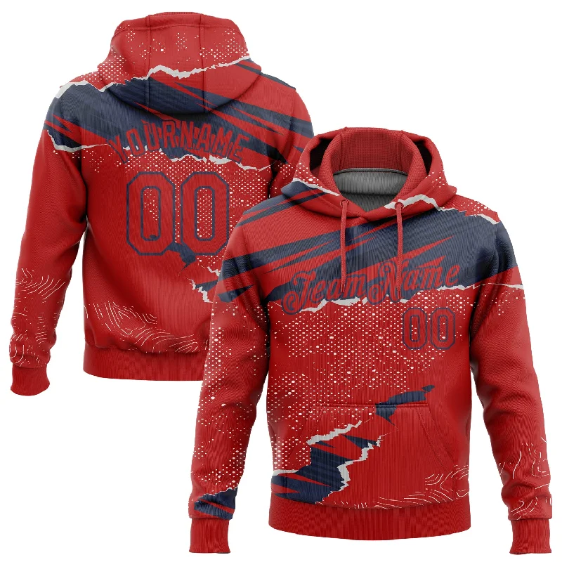 Women's Fashion Hoodies-Custom Stitched Red Navy 3D Pattern Design Torn Paper Style Sports Pullover Sweatshirt Hoodie