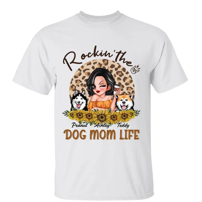 Women's Front Tie T-Shirts-Rockin‘ Dog Mom Life Leopard Personalized Shirt