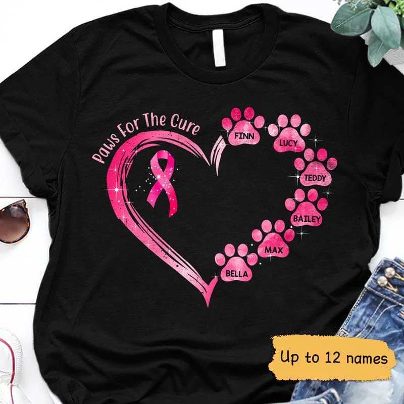 Women's Holiday T-Shirts-Breast Cancer Paws For The Cure Paw Heart Personalized Shirt