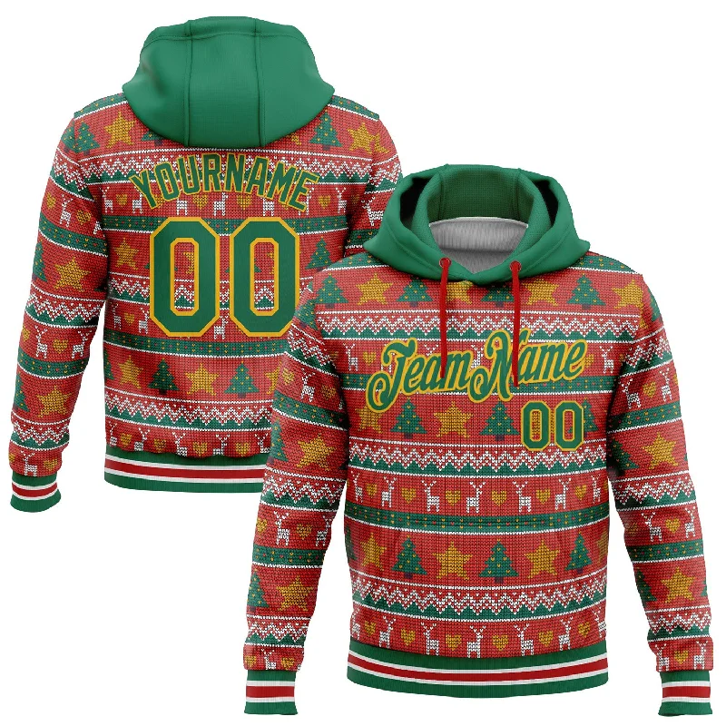 Women's Button Hoodies-Custom Stitched Red Kelly Green-Gold 3D Christmas Sports Pullover Sweatshirt Hoodie