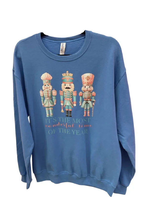 Women's Thermal Ruffle Pullovers-Women's Frosty Nutcracker Sweatshirt In Blue