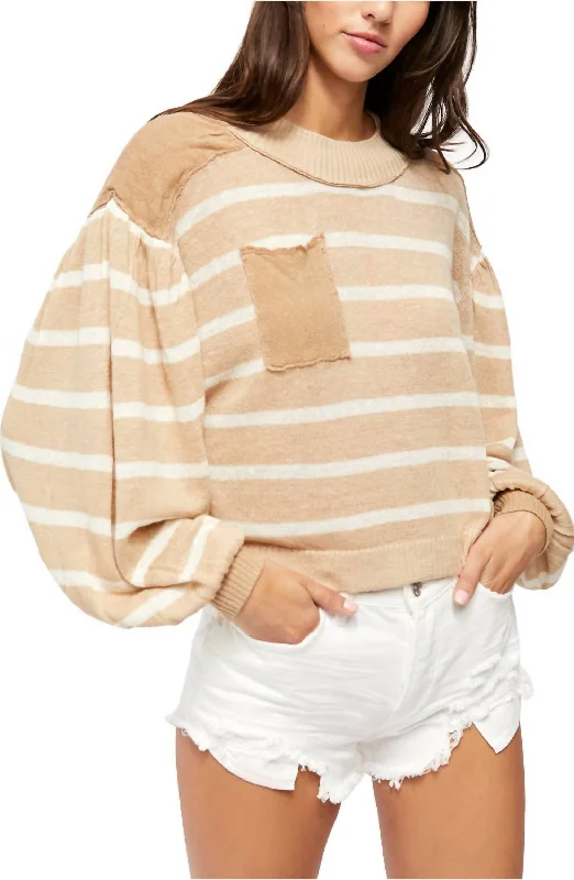 Women's Cotton Pullovers-Between The Lines Stripe Sweater In Birch Bark Combo