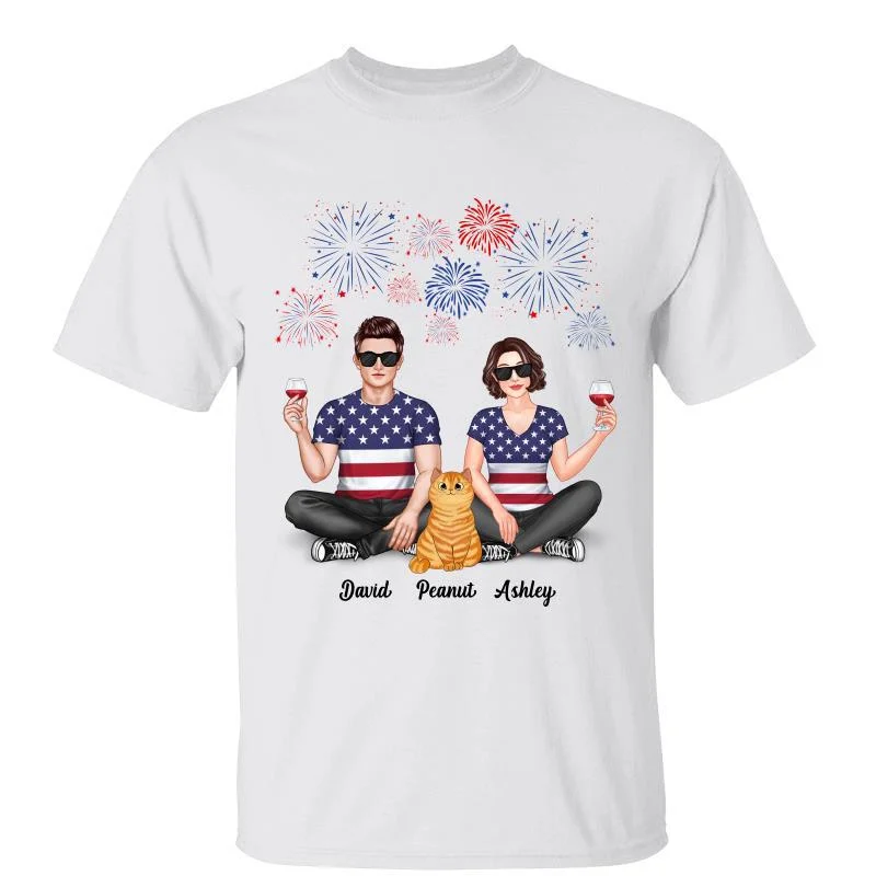 Women's Boxy T-Shirts-Couple And Cats Sitting 4th Of July Independence Day Personalized Shirt