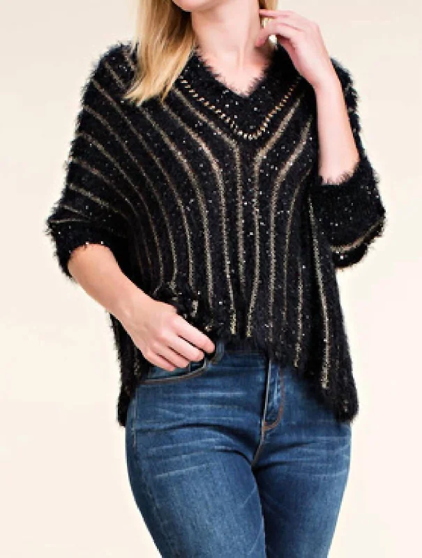 Women's Striped Pullovers-Threaded Stripe Crop Sweater In Black And Gold