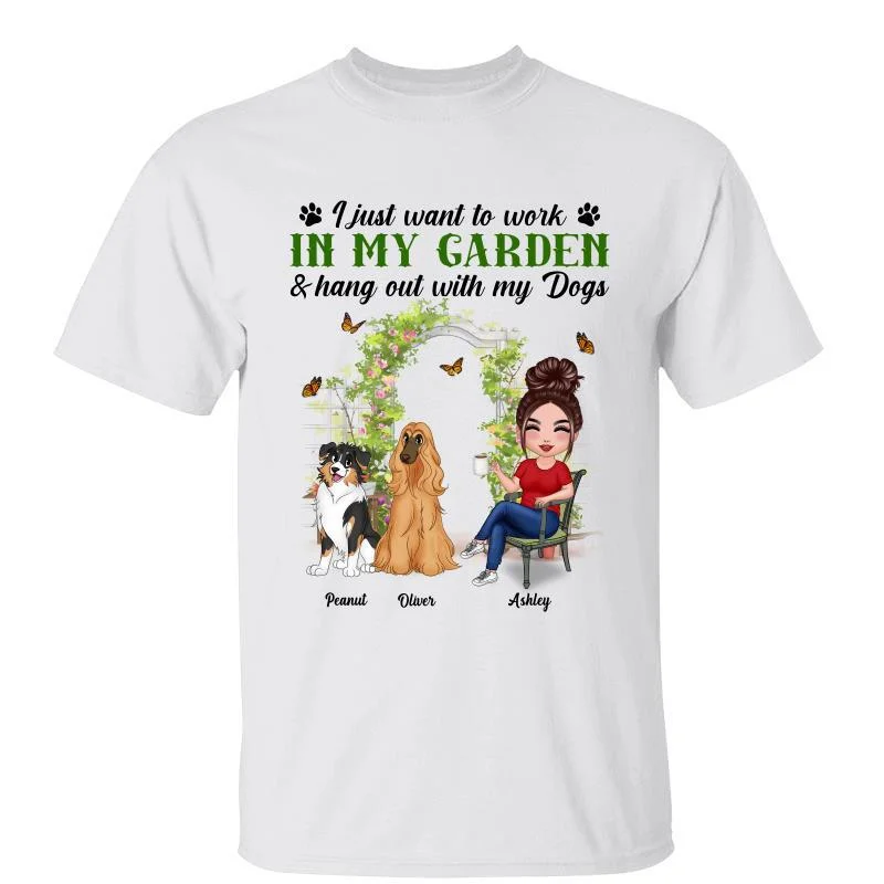 Women's Festival T-Shirts-Work In Garden And Hang Out With Cute Sitting Dog Gardening Doll Personalized Shirt