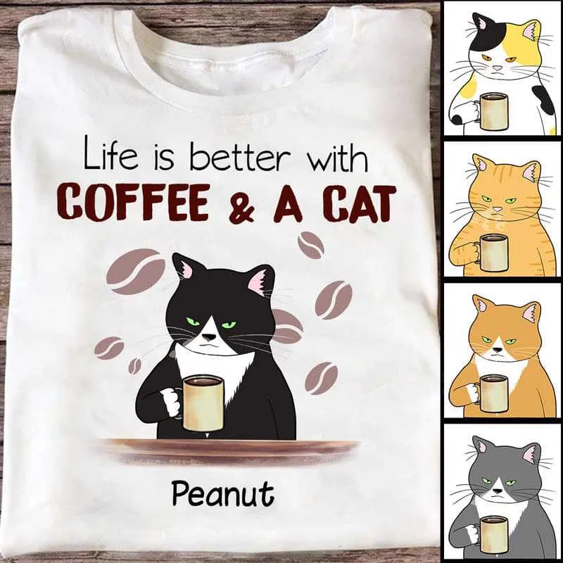 Women's Scoop Neck T-Shirts-Better With Coffee And Grumpy Cats Personalized Shirt