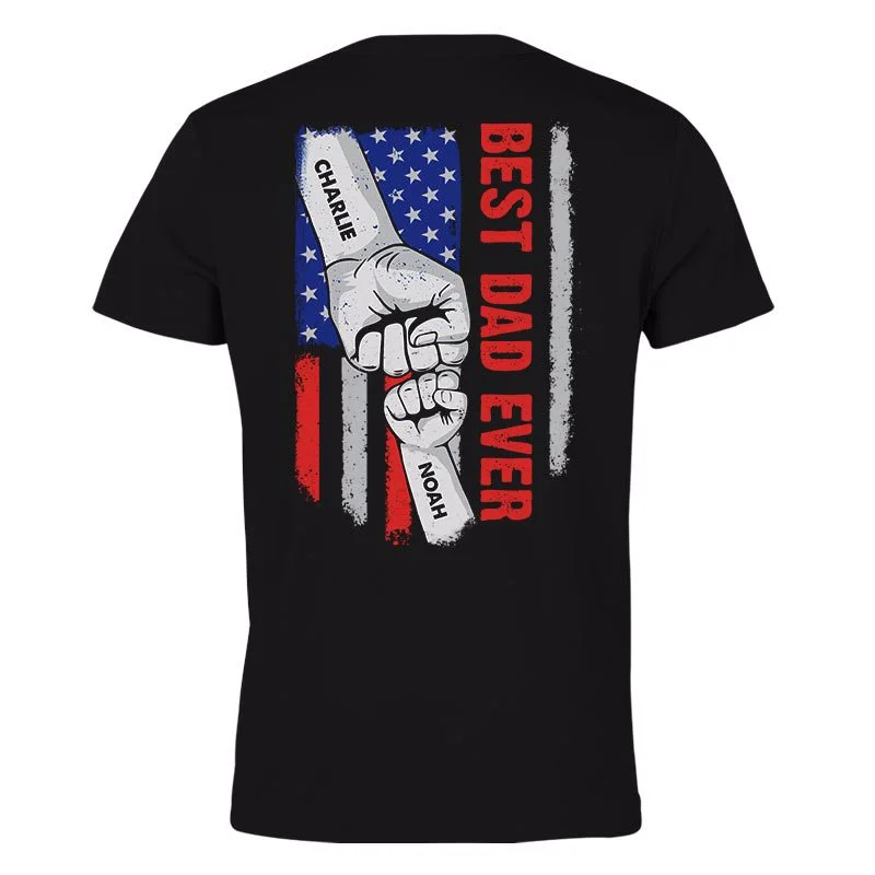 Women's High-Low T-Shirts-Best Dad Ever American Flag Fist Bump Punch Hand Fourth Of July Independence Day Personalized Back Printed Shirt