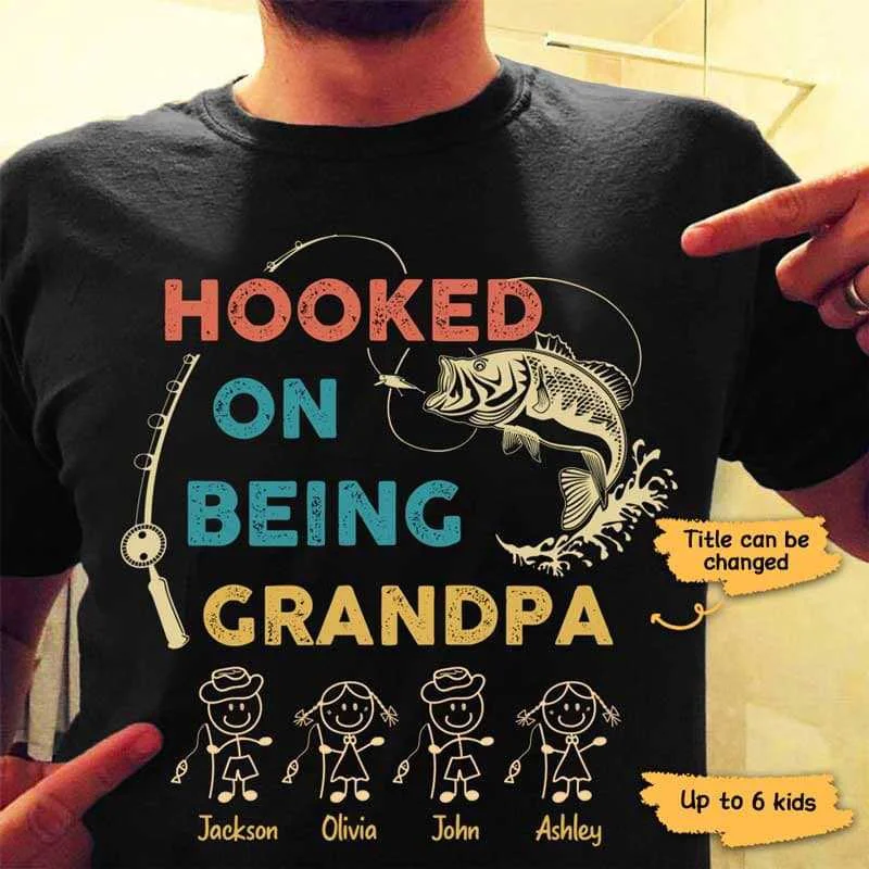 Women's Lurex T-Shirts-Hooked On Being Grandpa Stick Figure Personalized Shirt