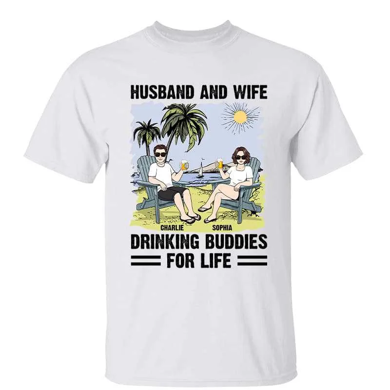 Women's Workout T-Shirts-Vintage Beach Landscape Husband & Wife Drinking Buddies For Life Personalized Shirt