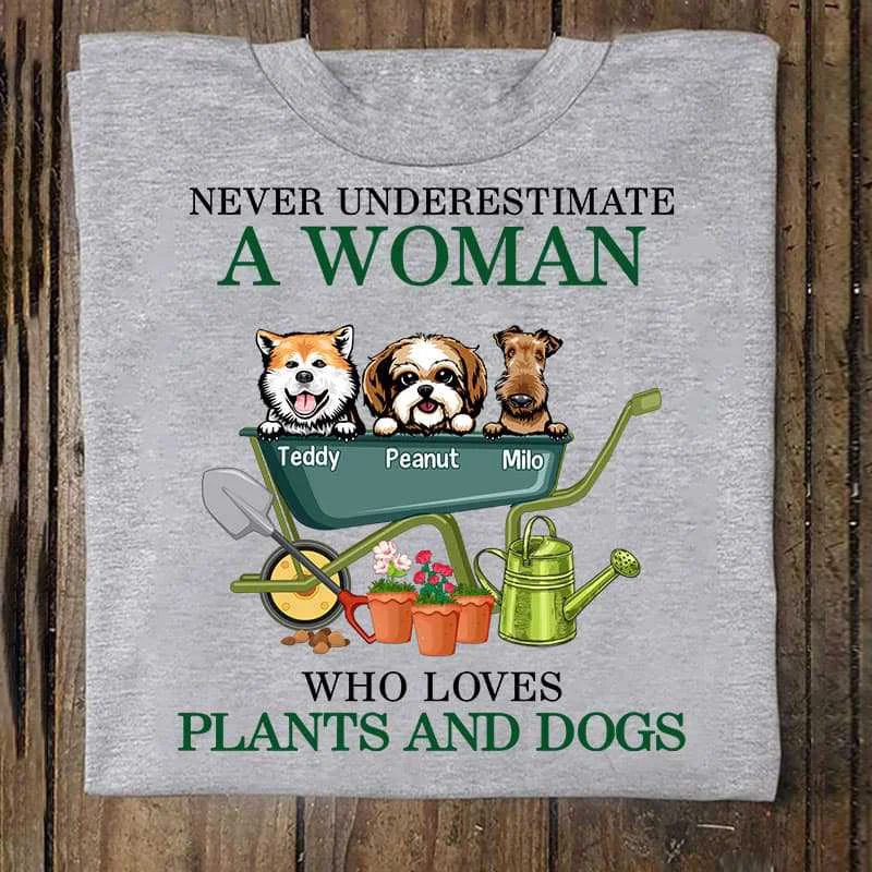 Women's Linen T-Shirts-A Woman Loves Plants And Dogs Personalized Shirt