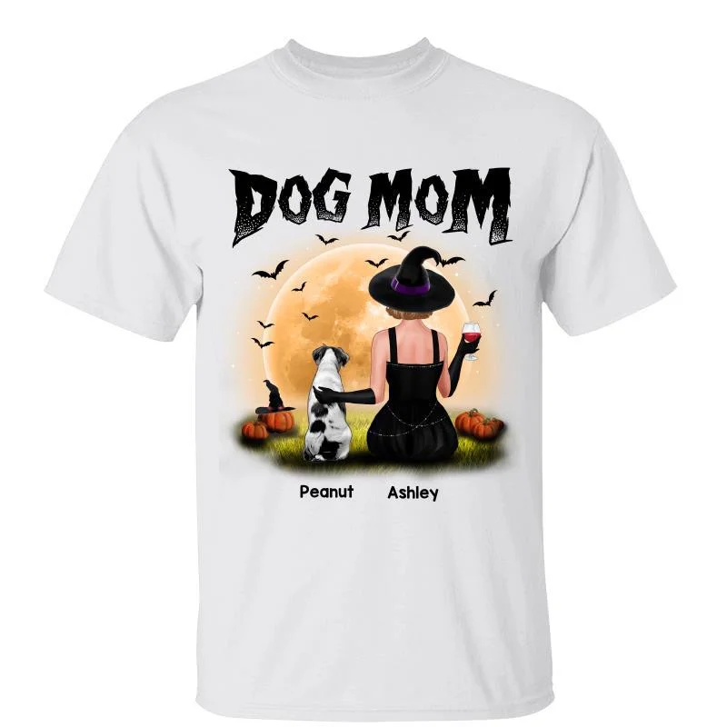 Women's Curved Hem T-Shirts-Dog Mom Halloween Back View Personalized Shirt