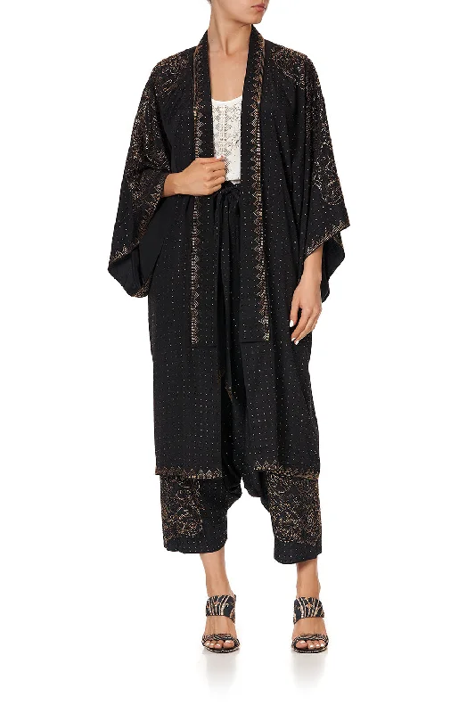 Women's Checkered Jackets-MID LENGTH KIMONO COAT LUXE BLACK