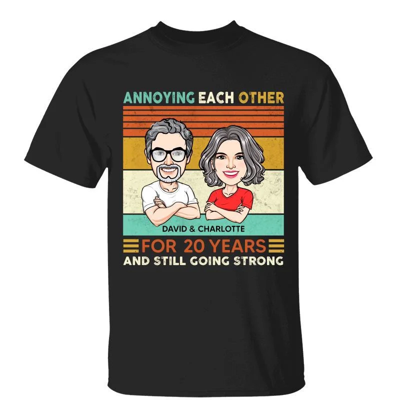 Women's Scalloped Hem T-Shirts-Caricature Couple Annoying Each Other Retro Funny Gift Personalized Shirt