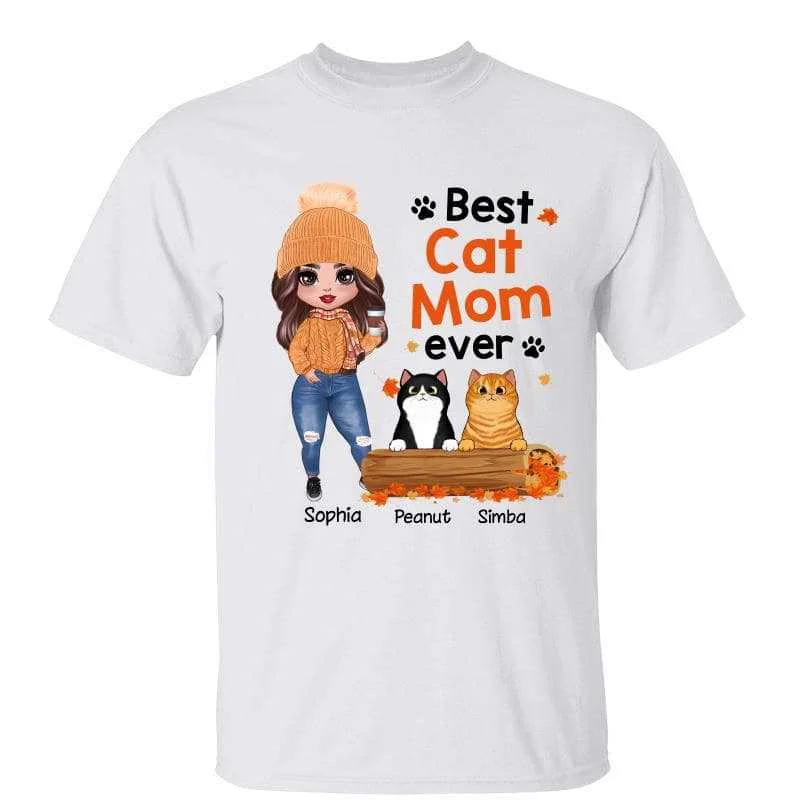 Women's Frayed Hem T-Shirts-Fall Season Standing Doll Cat Mom Personalized Shirt