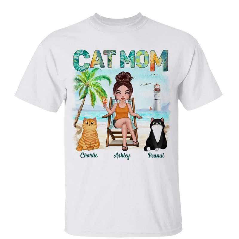 Women's Motivational T-Shirts-Doll Woman Cat Mom Summer Beach Personalized Shirt