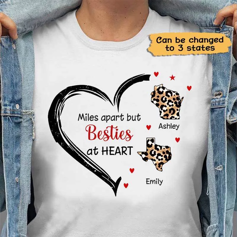 Women's Scalloped Hem T-Shirts-Long Distance States Heart Besties Personalized Shirt