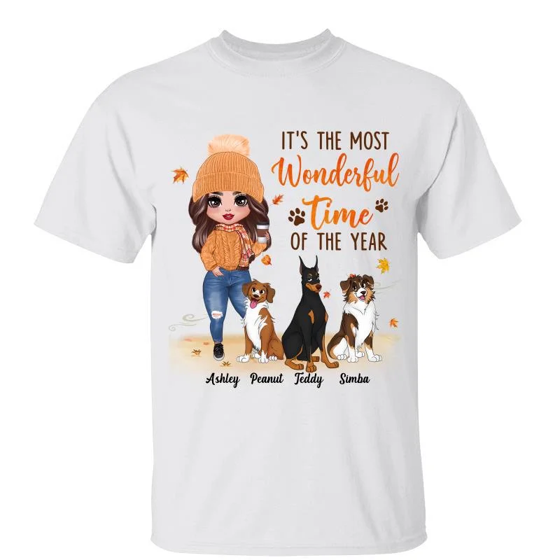 Women's Beaded T-Shirts-Fall Season Dog Mom Cute Sitting Dog Personalized Shirt