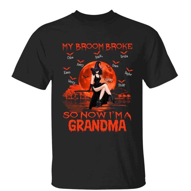 Women's Abstract Print T-Shirts-My Broom Broke I‘m A Grandma Halloween Personalized Shirt