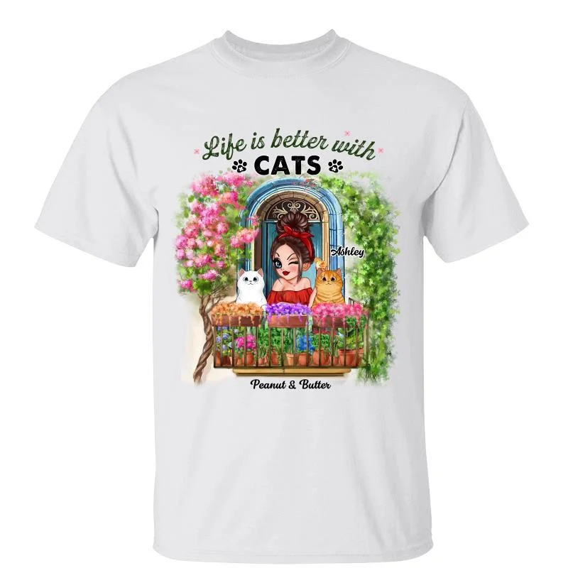 Women's Animal Print T-Shirts-Doll Cat Mom At Balcony Personalized Shirt