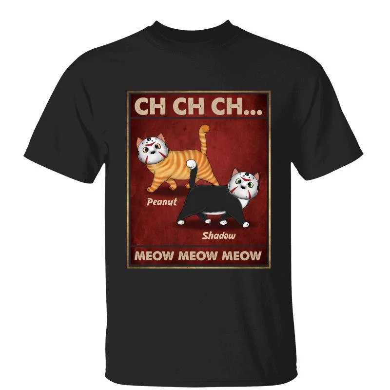 Women's Basic T-Shirts-Halloween Horror Fluffy Cat Ch Ch Ch Meow Meow Meow Personalized Shirt