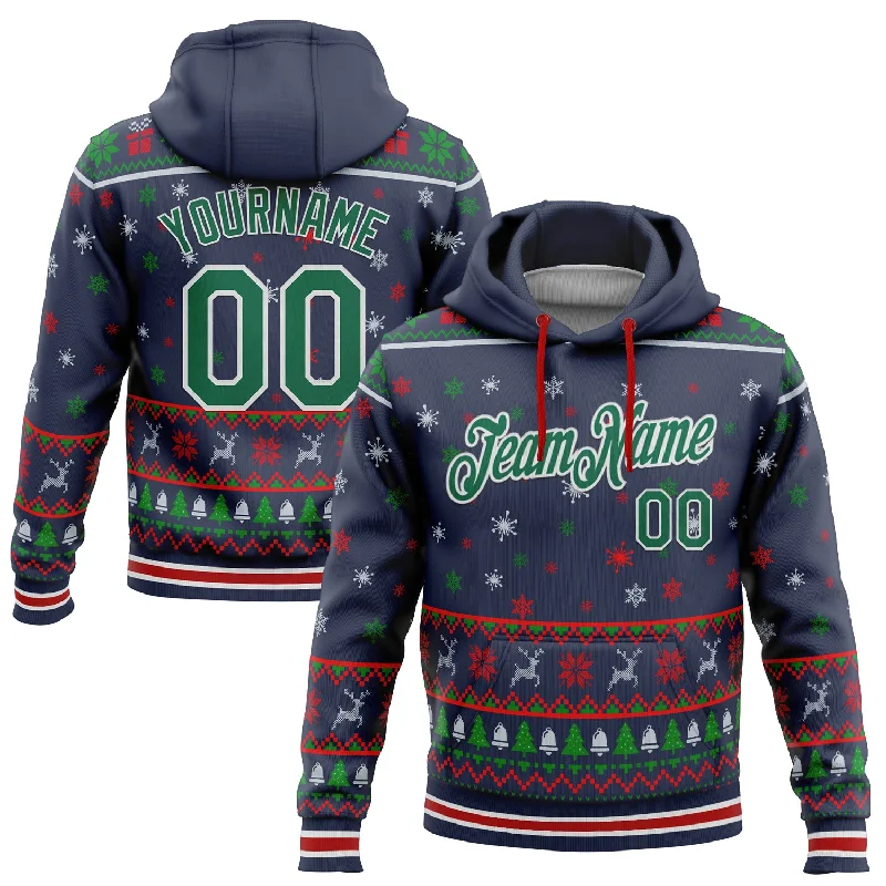 Women's Capsule Wardrobe Hoodies-Custom Stitched Navy Kelly Green-White 3D Christmas Sports Pullover Sweatshirt Hoodie