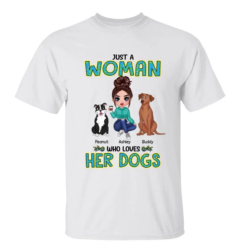 Women's Summer T-Shirts-Green Pattern Just A Woman Loves Dogs Doll Woman Personalized Shirt