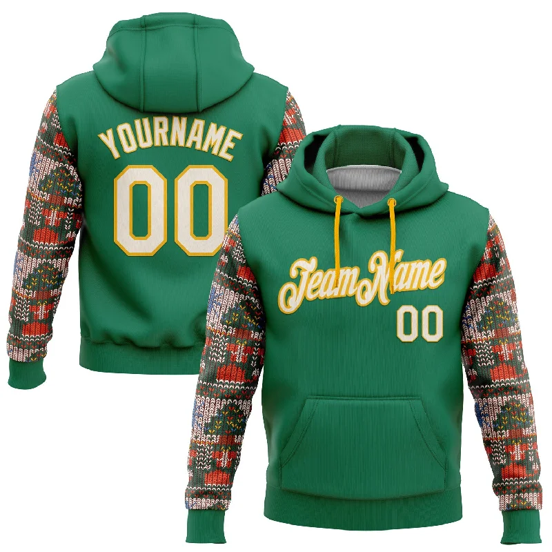 Women's Bell Sleeve Hoodies-Custom Stitched Kelly Green Cream-Gold 3D Christmas Sports Pullover Sweatshirt Hoodie