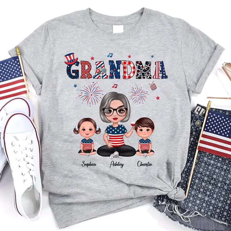 Women's Bow Sleeve T-Shirts-Independence Day 4th Of July Grandma & Doll Kid Personalized Shirt