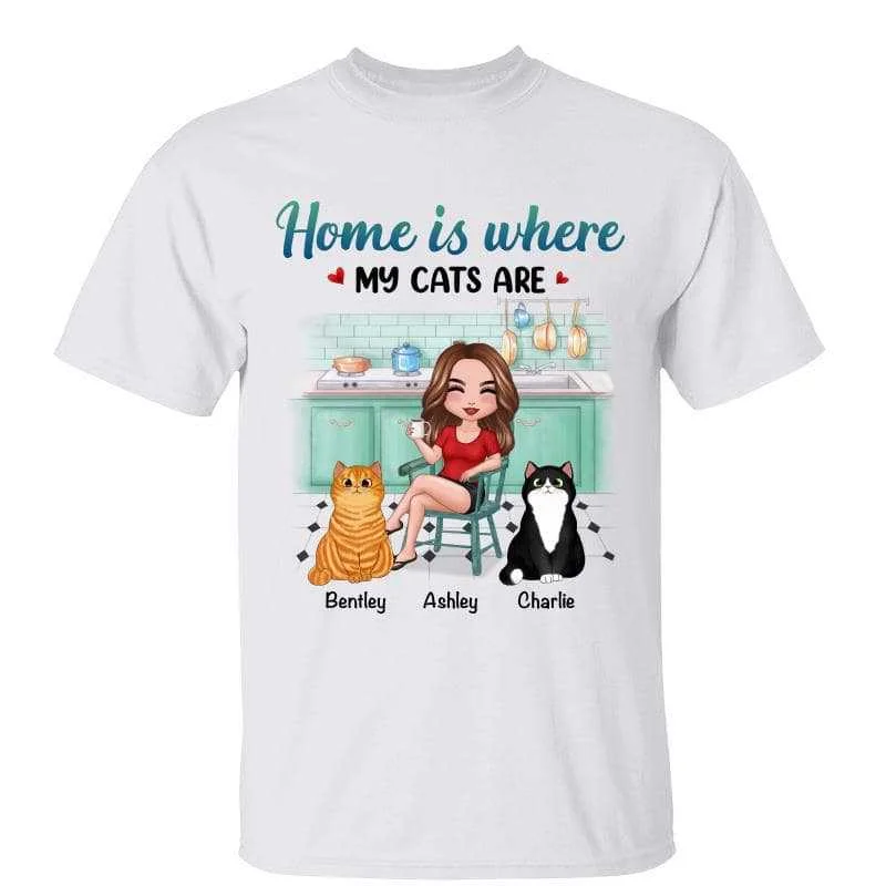 Women's Graphic Tees-Home Is Where My Cats Are Cat Mom Personalized Shirt