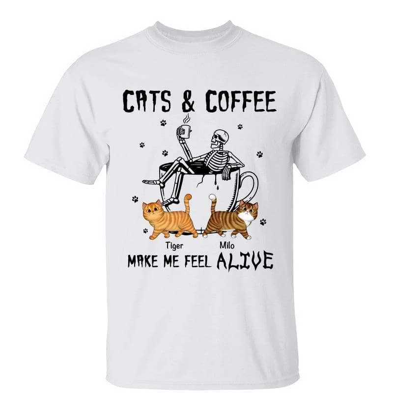 Women's Striped T-Shirts-Halloween Coffee & Cats Make Me Feel Alive Skeleton Personalized Shirt