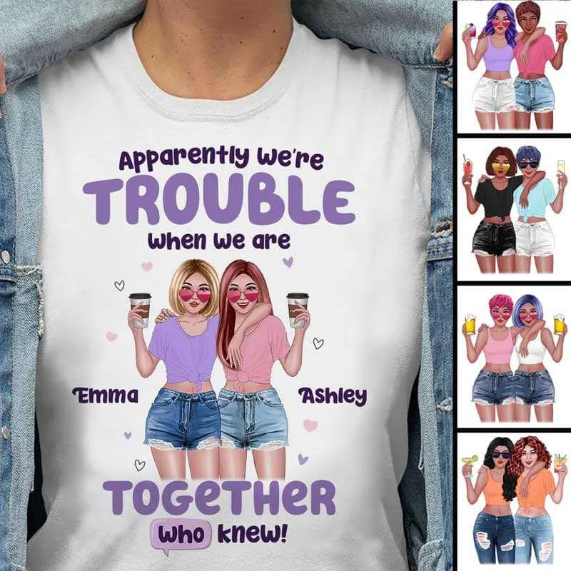 Women's Frill Detail T-Shirts-Trouble Together Summer Front View Besties Personalized Shirt