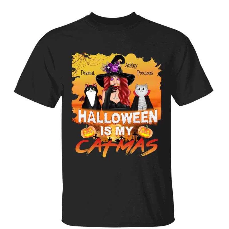 Women's V-Neck T-Shirts-Halloween Is My Christmas Cat Mom Personalized Shirt