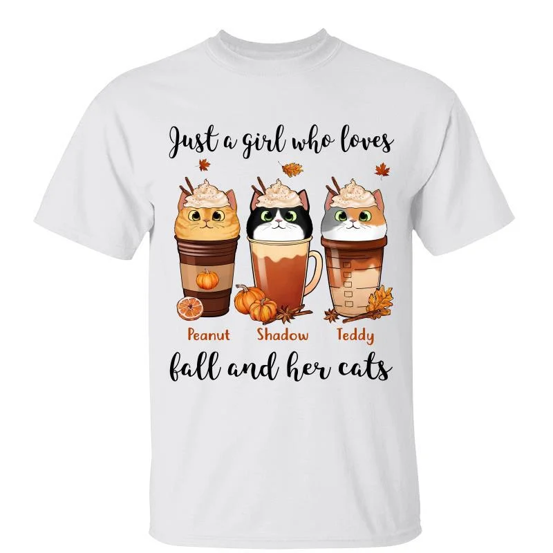 Women's Subtle Print T-Shirts-Just A Girl Who Loves Fall Season And Cats Pumpkin Spice Latte Personalized Shirt