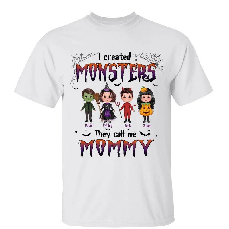 Women's Button Detail T-Shirts-Halloween I Created Monsters They Call Me Mom Dad Grandma Personalized Shirt