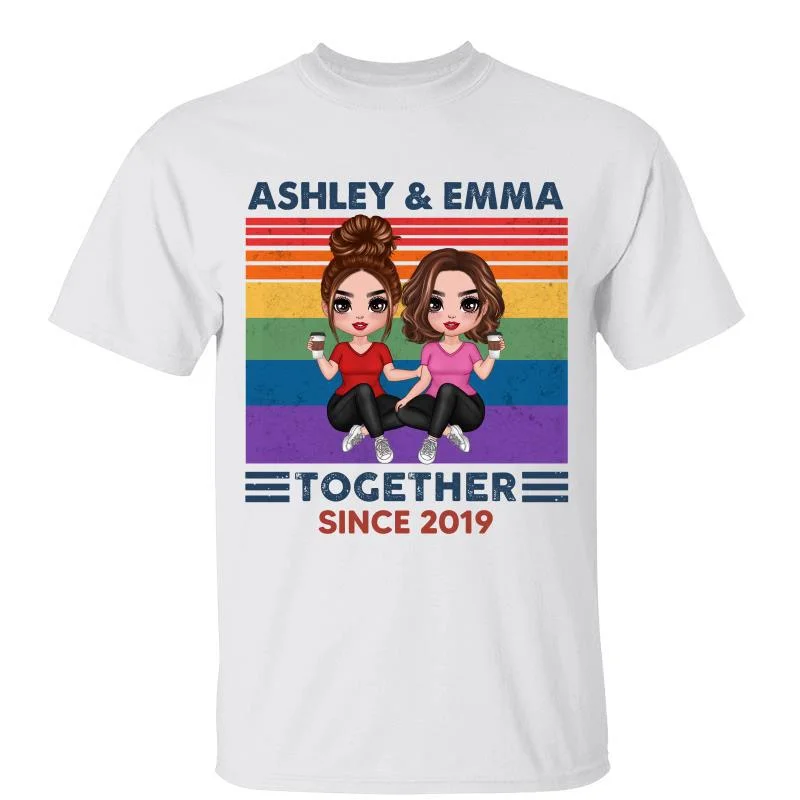 Women's Lace-Up T-Shirts-LGBT Couple Doll Together Since Rainbow Personalized Shirt