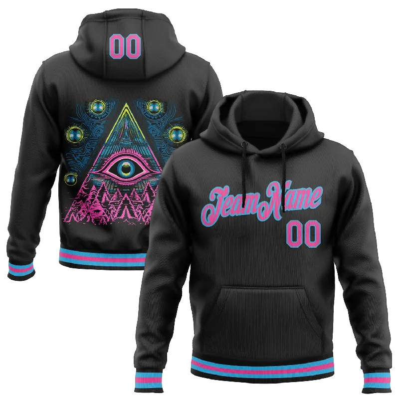 Women's Drawcord Waist Hoodies-Custom Stitched Black Pink-Sky Blue 3D Pattern Design Evil Eyes Sports Pullover Sweatshirt Hoodie