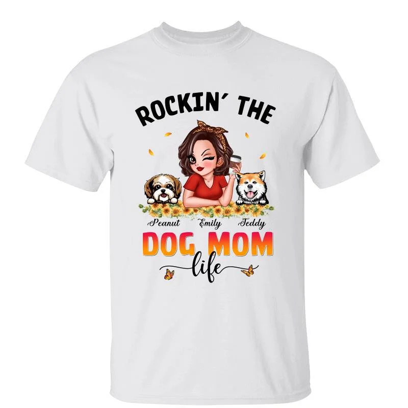 Women's Floral Graphic T-Shirts-Rockin‘ Dog Mom Life Sunflower Personalized Shirt